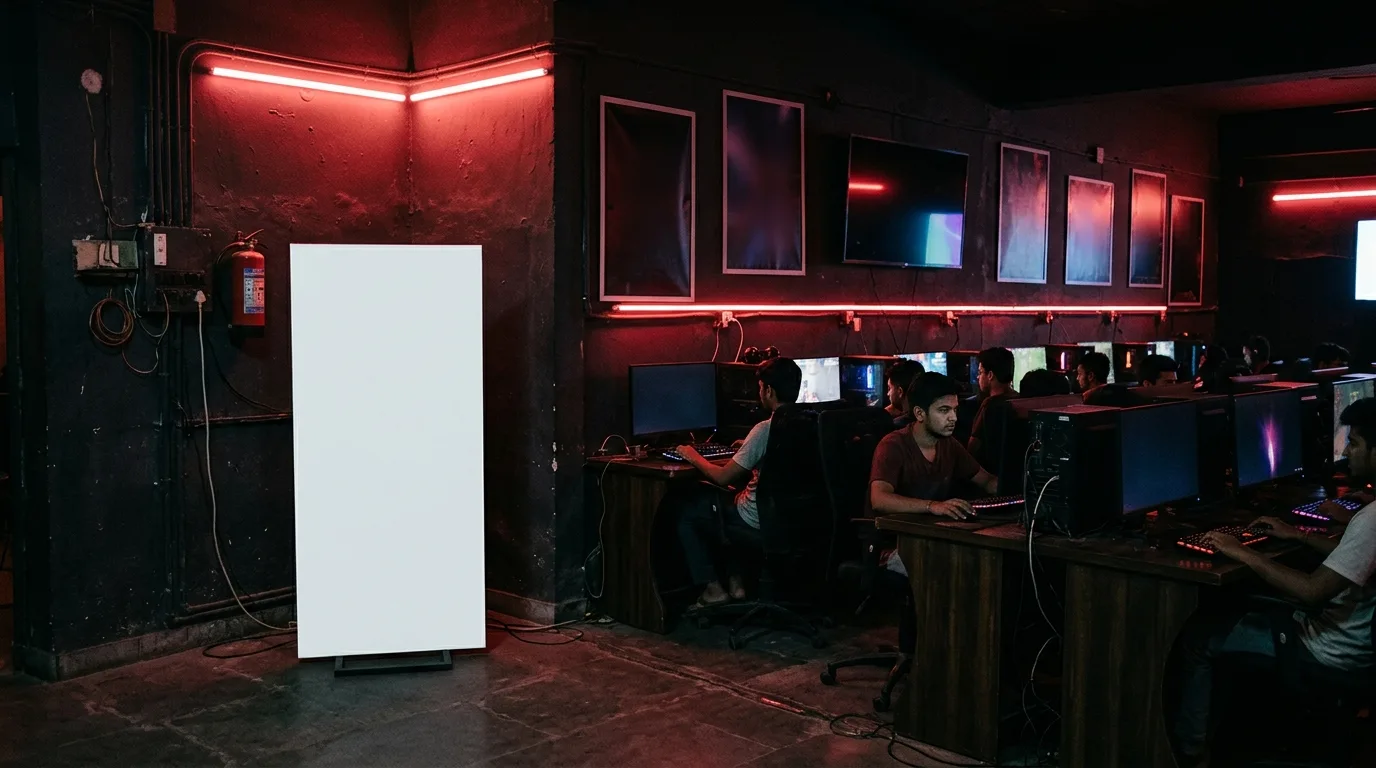 Standee display in a gaming café corner